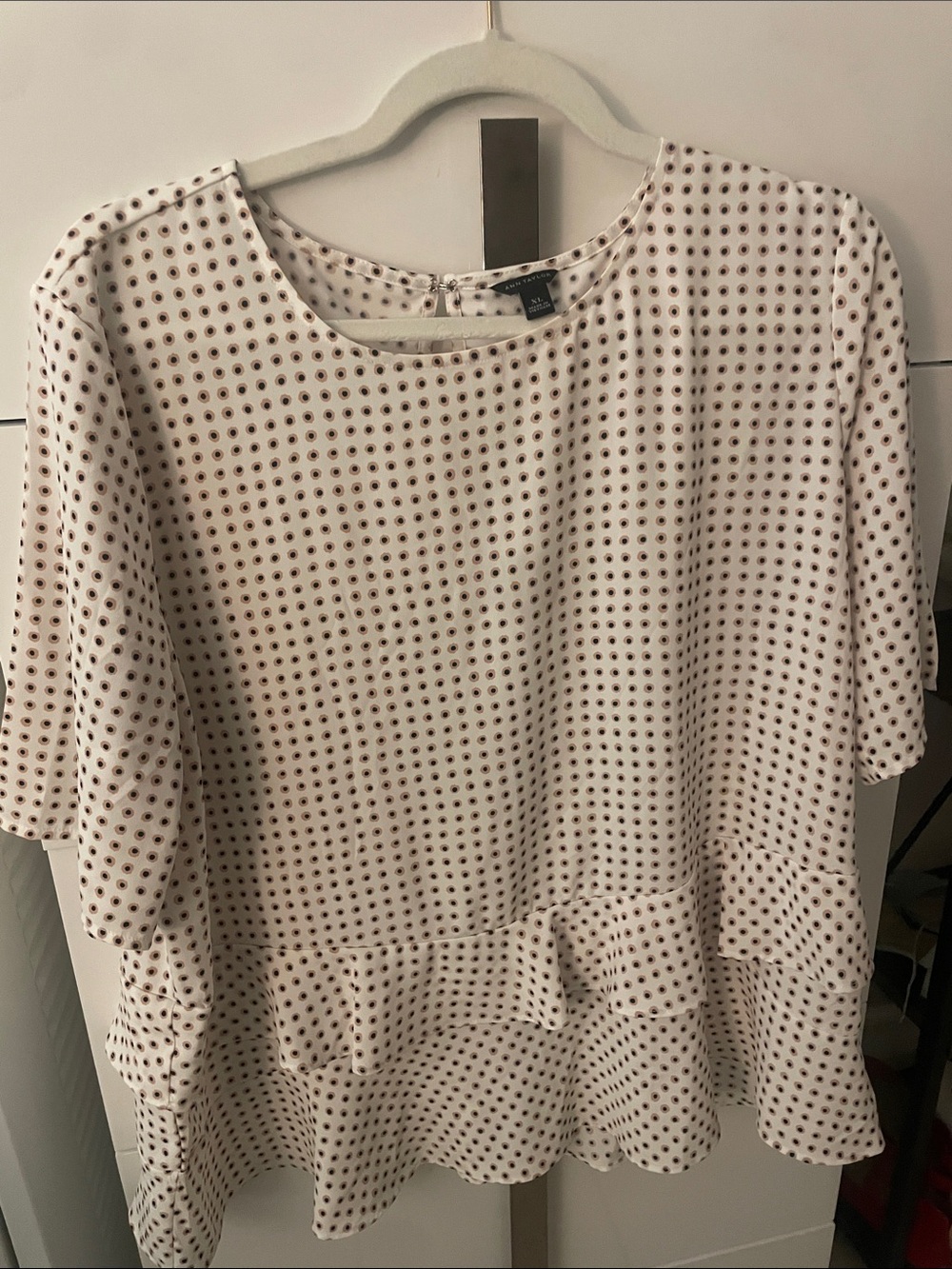 Ann Taylor Cream Blouse with Brown Polka Dots